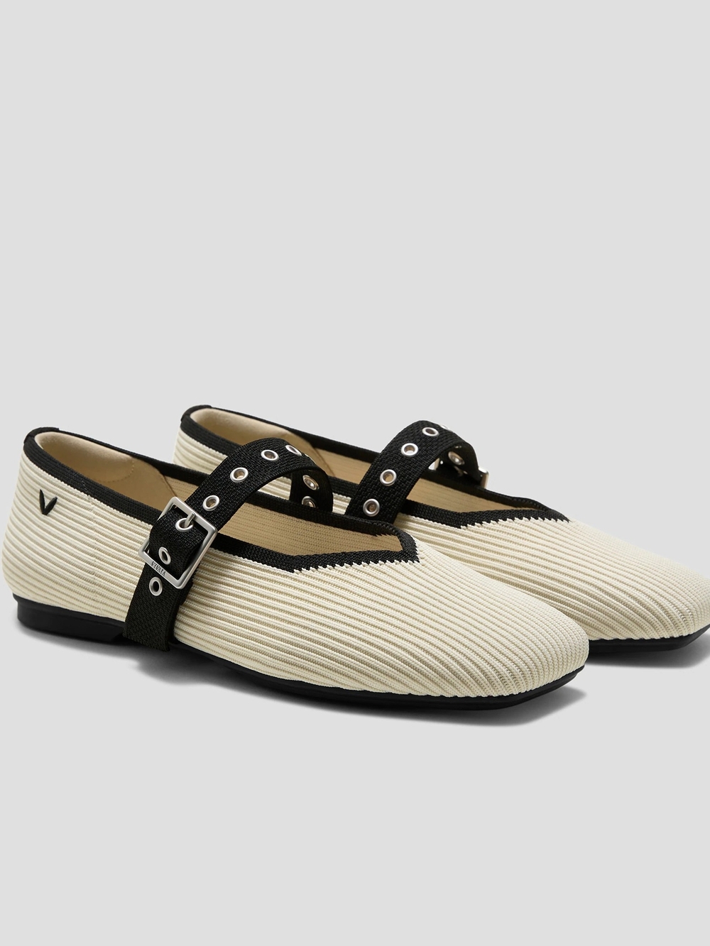 Cream Mary Jane Flats with Black Trim and Buckle Strap